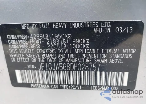 2013 Subaru Impreza 2.0I Premium from USA, damaged, VIN JF1GJAB68DH028757